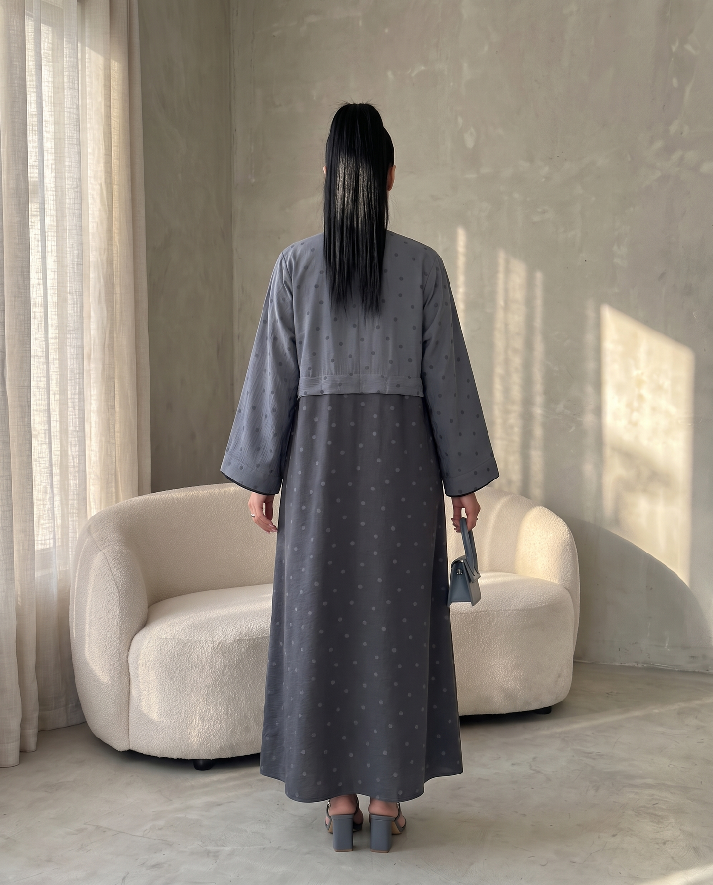 Flint Gray Polka Dot Abaya with Oversized Collar