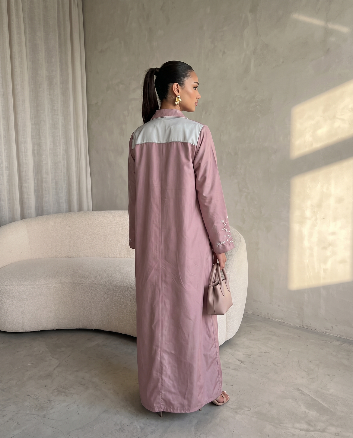 Dusty Mauve Taffeta Abaya with Asymmetric Panel Design & Floral Embroidery Detail