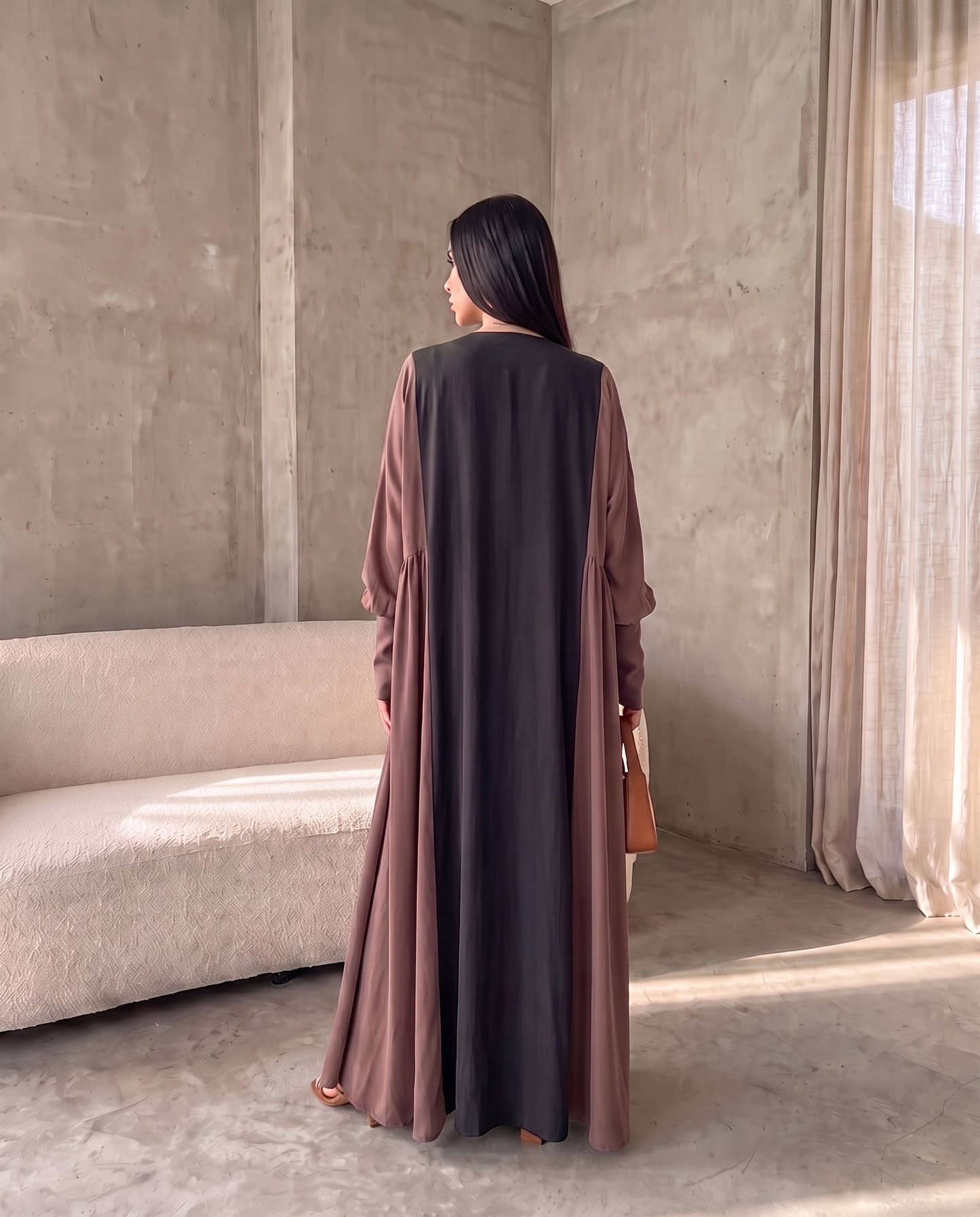 Minimal Hooded Open Abaya with Fluid Drape Rosewood and Relaxed Silhouette