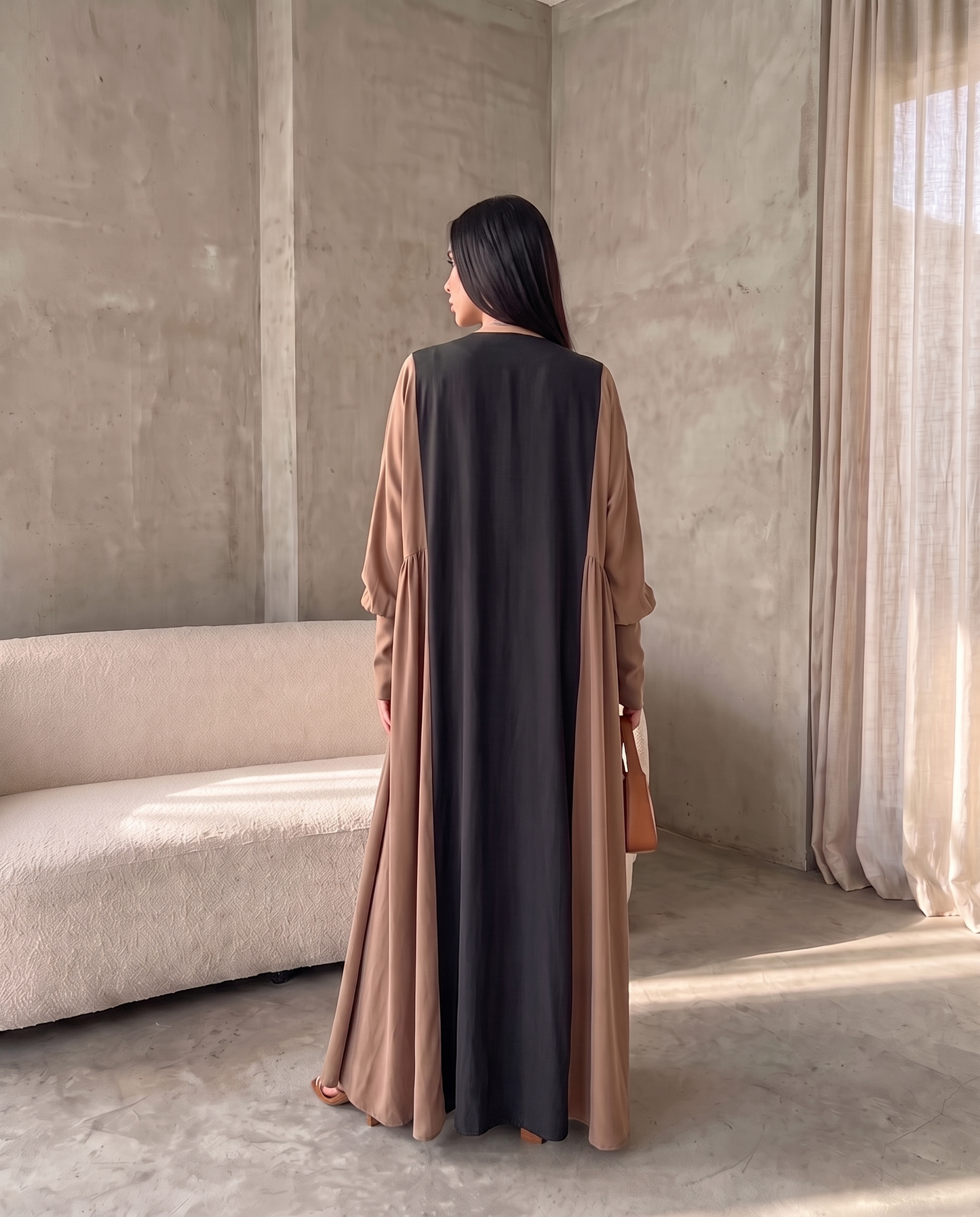Minimal Hooded Open Abaya with Fluid Drape Desert Brown and Relaxed Silhouette