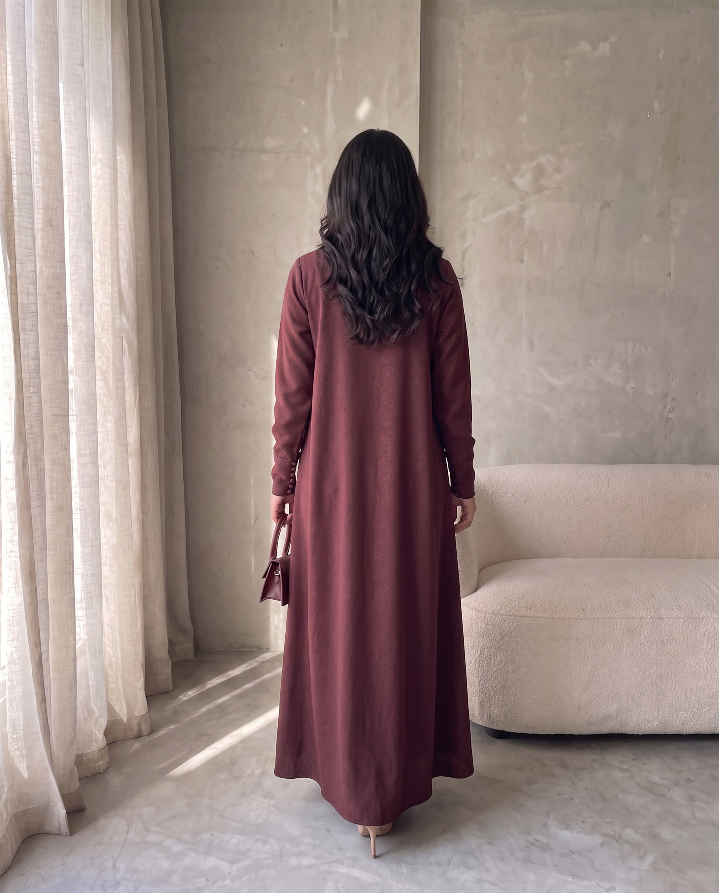 Pearl Button-Front Red Abaya with Elegant Panel Design