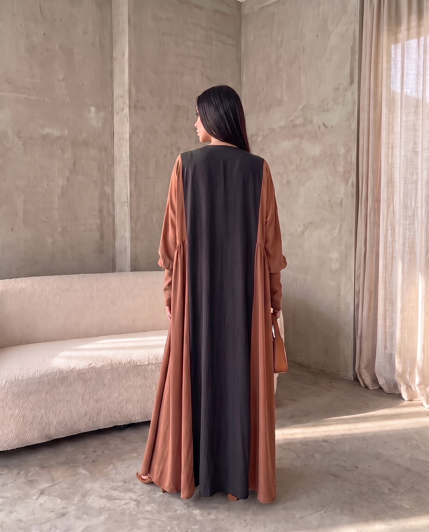 Minimal Hooded Open Abaya with Fluid Drape Terracotta and Relaxed Silhouette