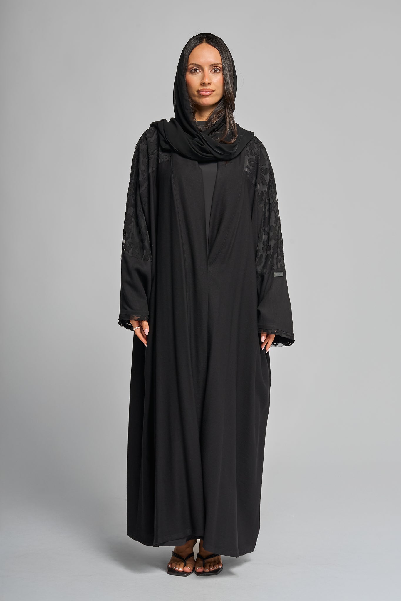 Black Abaya with Textured Floral Sleeve Detailing