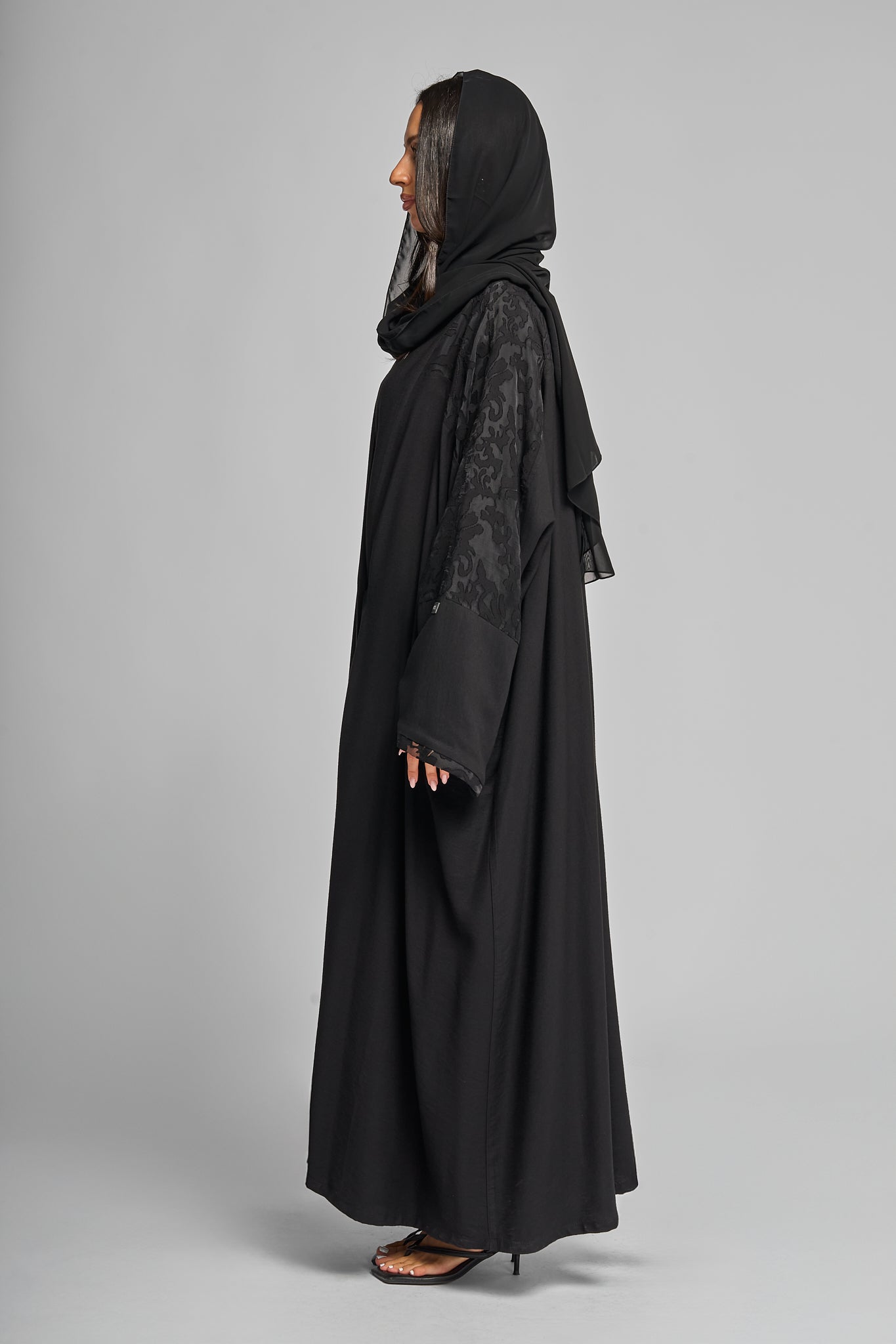 Black Abaya with Textured Floral Sleeve Detailing