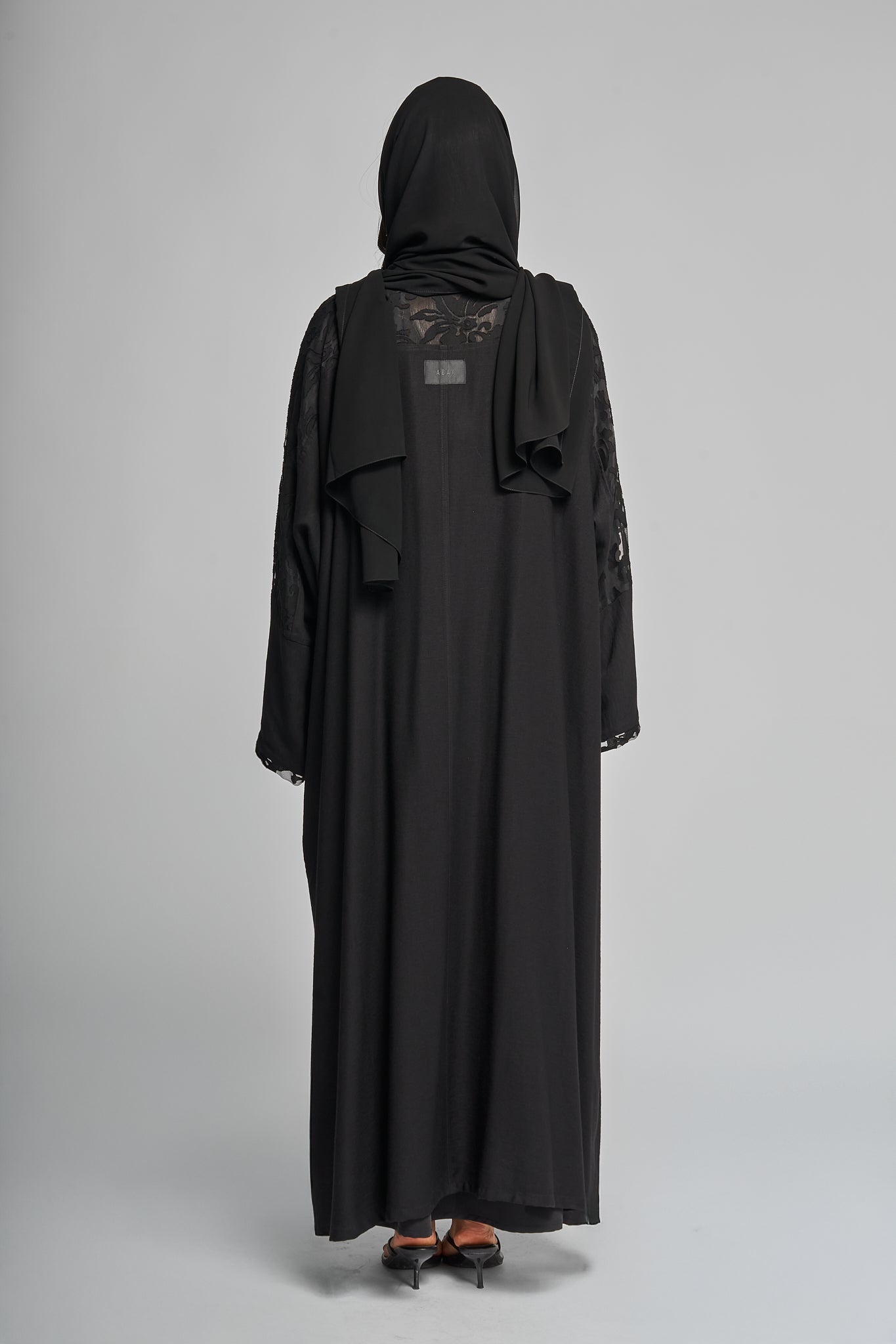 Black Abaya with Textured Floral Sleeve Detailing
