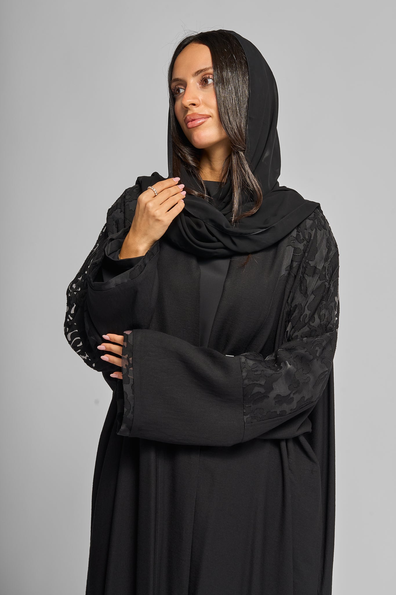 Black Abaya with Textured Floral Sleeve Detailing