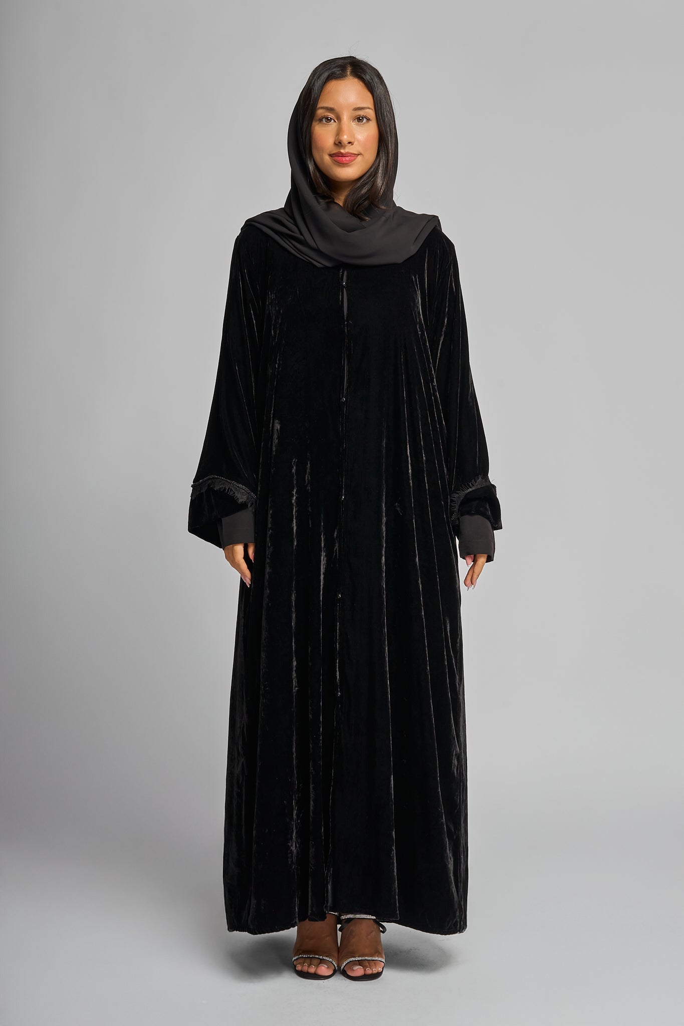 Velvet Abaya with Lace Sleeve Detail