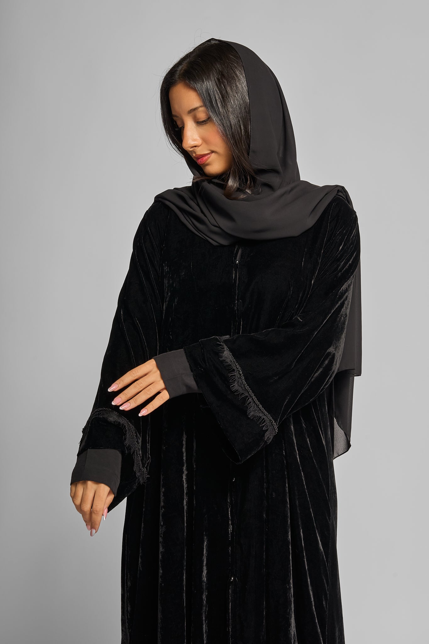 Velvet Abaya with Lace Sleeve Detail