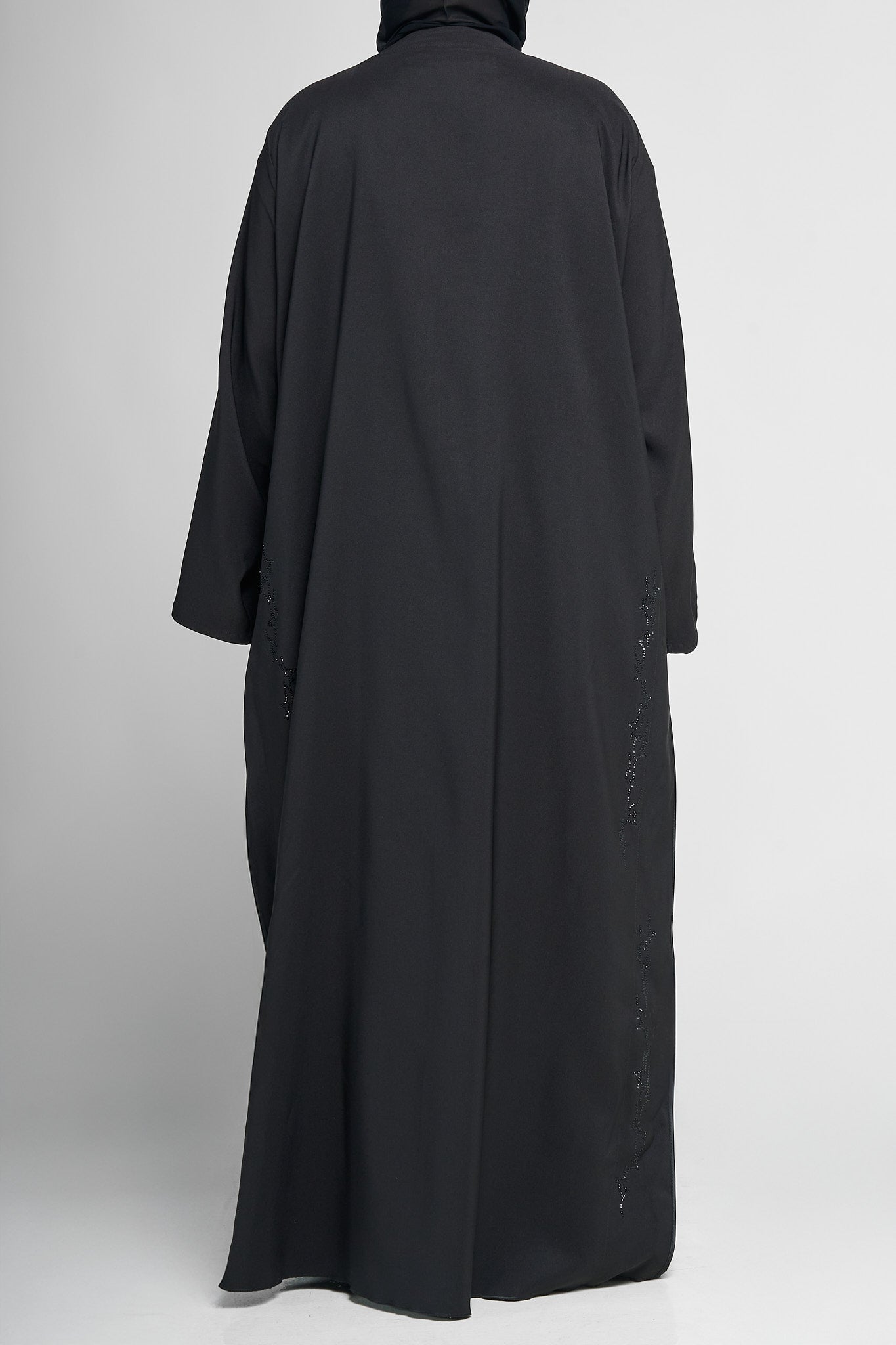 Black Satin-Panel Abaya with Subtle Beaded Vine Embellishments