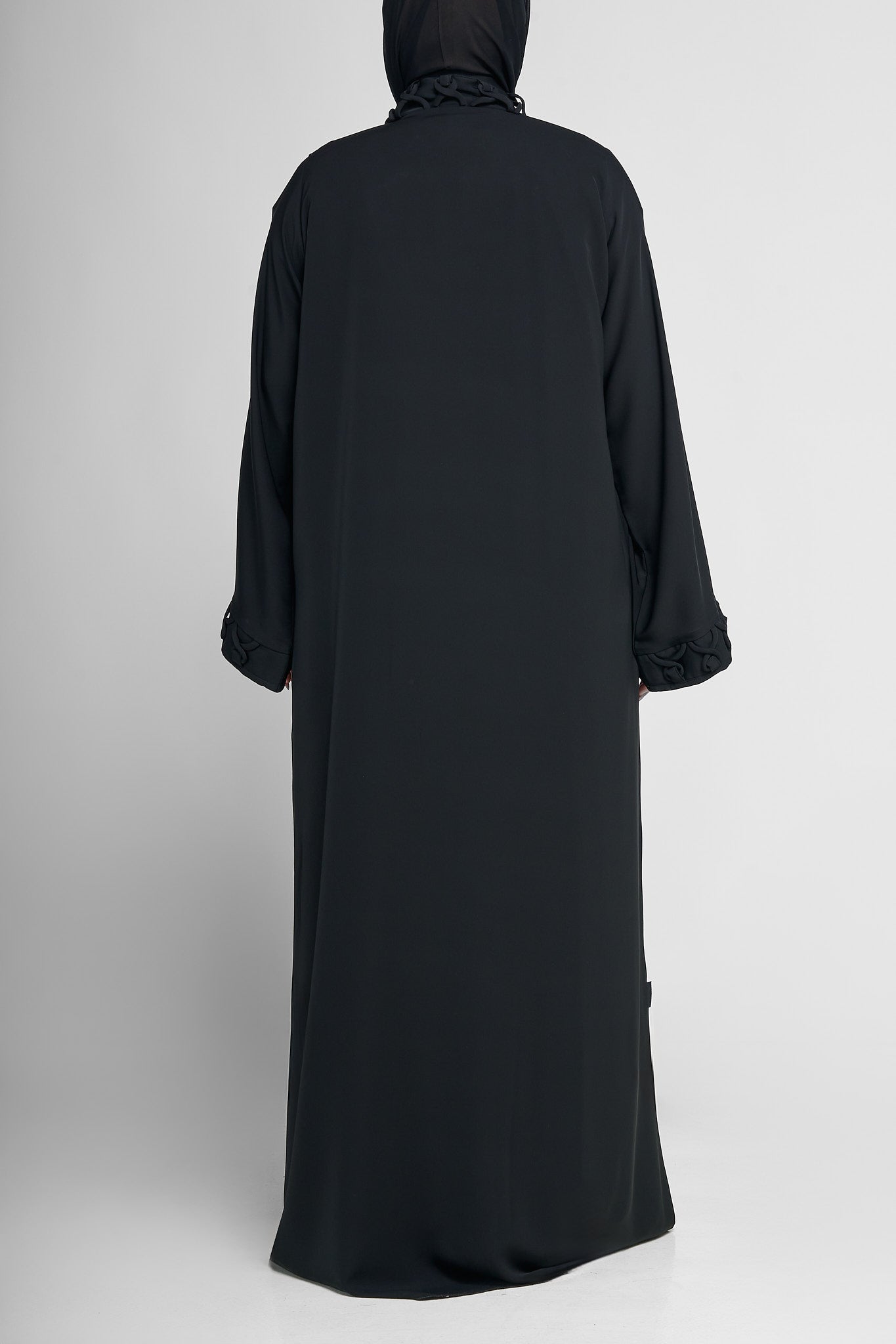 Black Textured Loop-Embroidered Abaya with Statement Front Panel