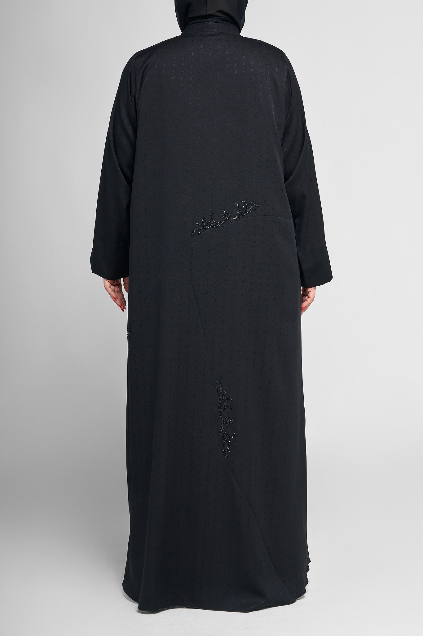 Black Classic Close Abaya with Beaded Vine Embellishments