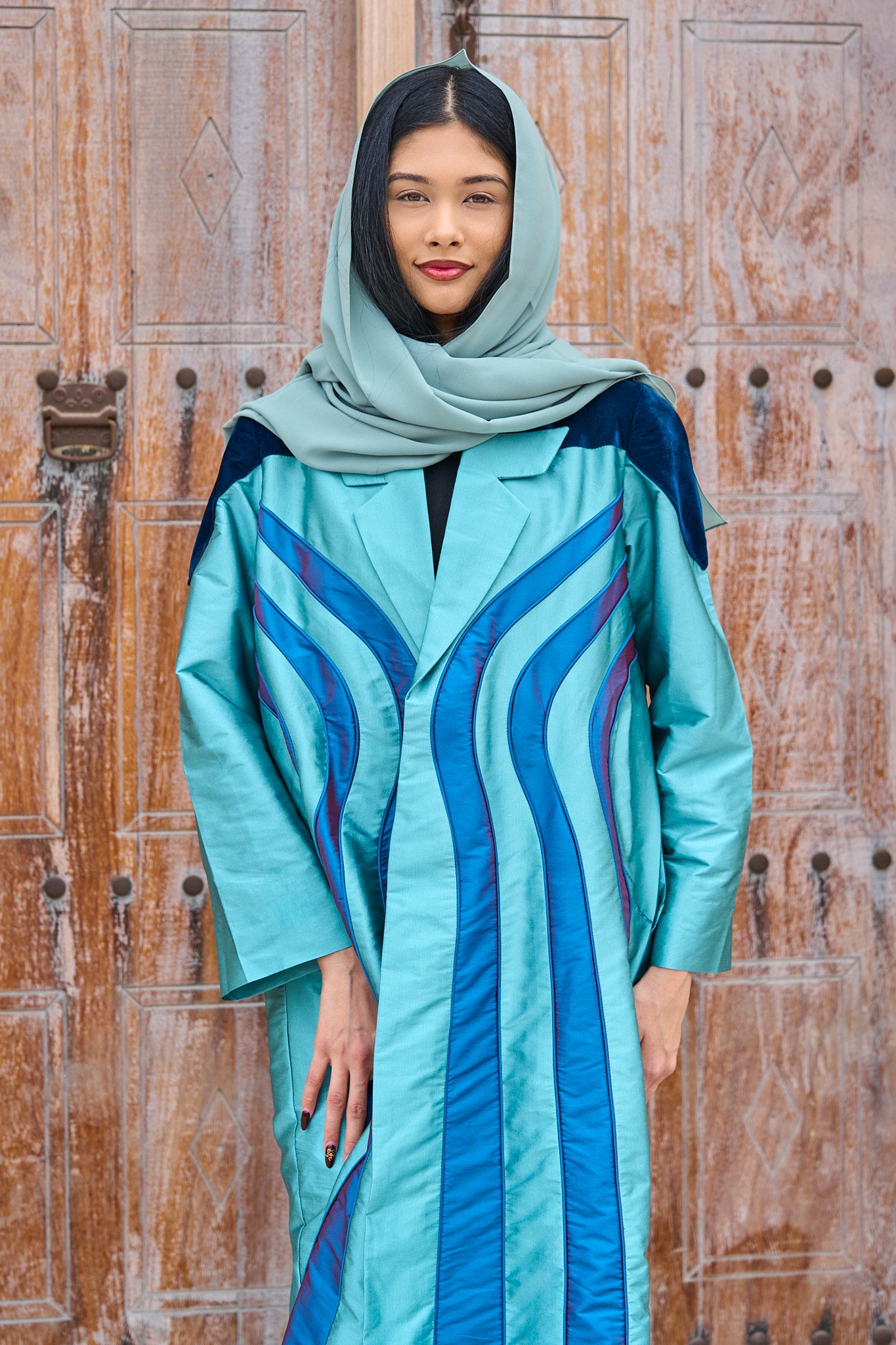 Teal Taffeta Abaya with Sculpted Velvet Panels & Ombre Wave Detailing