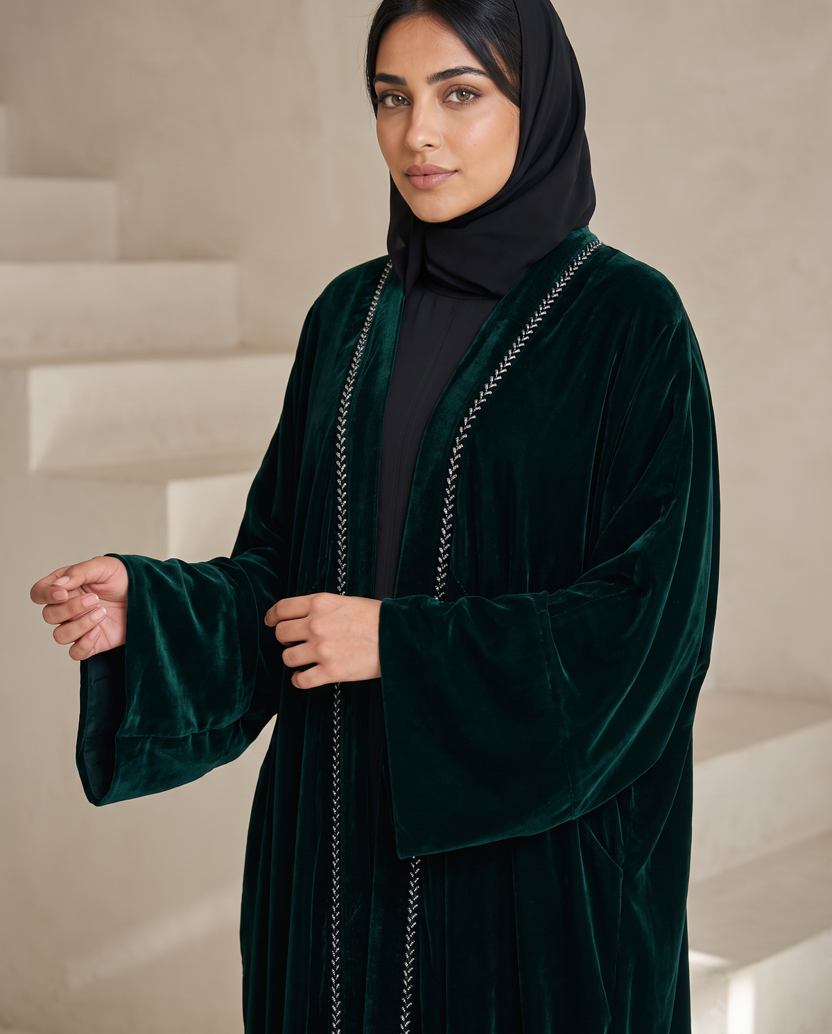 Green Velvet Open Abaya with Front Trim Detail & Back Floral Embroidery