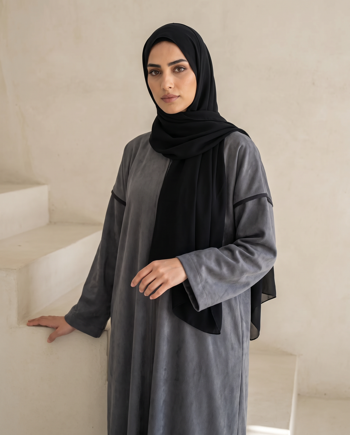 Gray Open Abaya with Velvet Back and Logo Detail