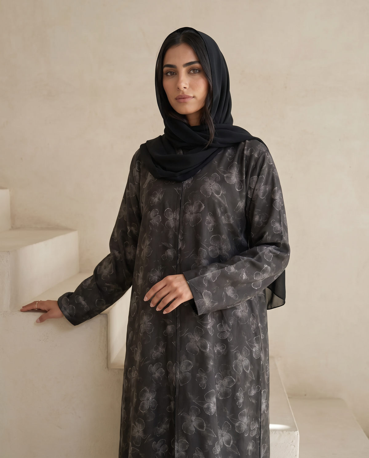 Silver Weldon Blue Printed Abaya with Vintage Floral Overlay