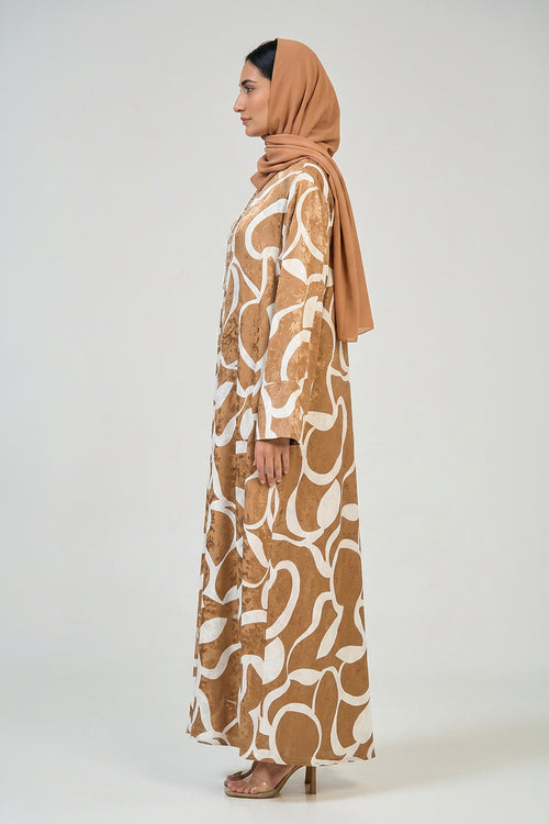 Caramel Abstract Print Abaya – hover image