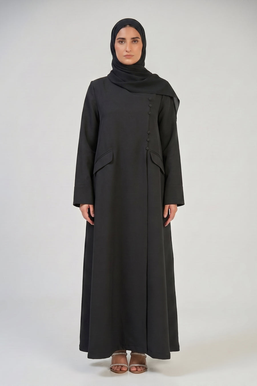 Black Structure Abaya with Asymmetric Button Detail