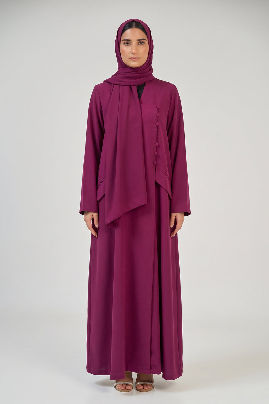Rosewood Structure Abaya with Asymmetric Button Detail