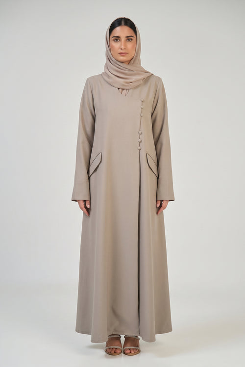 Taupe Structure Abaya with Asymmetric Button Detail