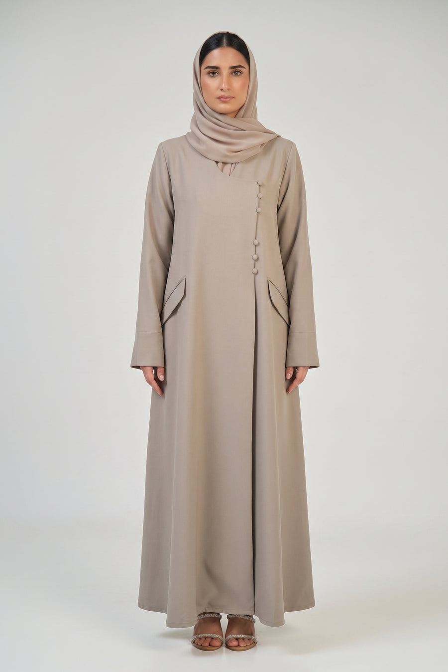 Taupe Structure Abaya with Asymmetric Button Detail