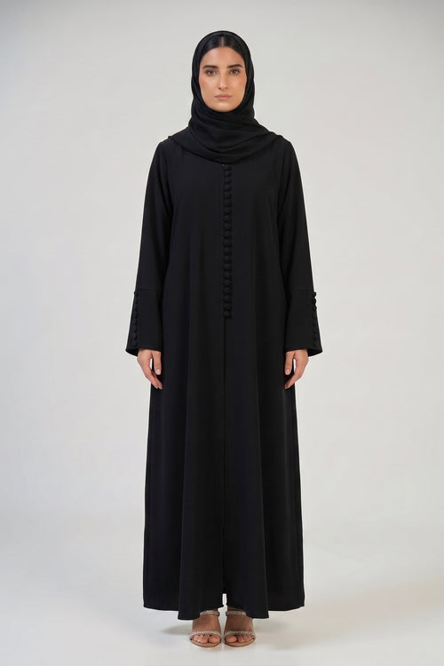 Pearl Button-Front Black Abaya with Elegant Panel Design