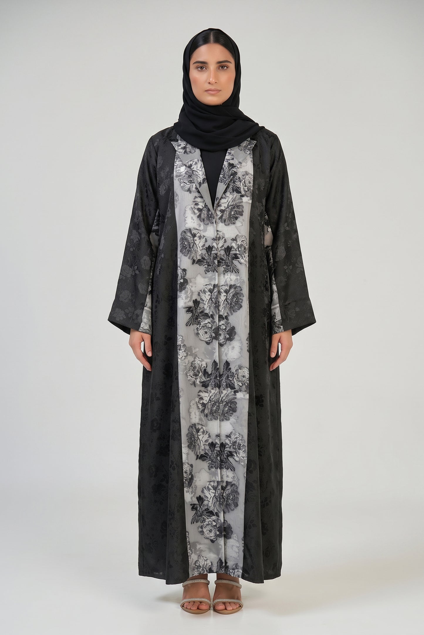 Floral Contrast Panel Abaya with Tailored Lapel Design