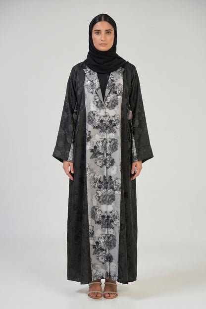 Floral Contrast Panel Abaya with Tailored Lapel Design
