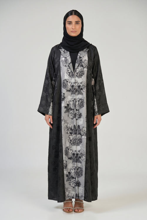 Floral Contrast Panel Abaya with Tailored Lapel Design