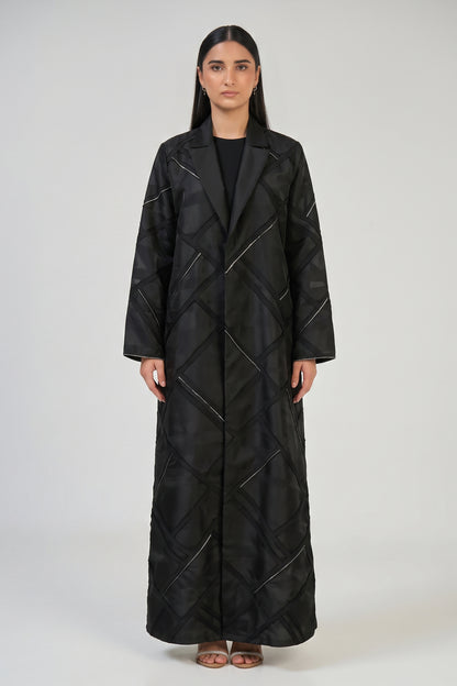 Modern Geometric Panel Abaya with Structured Lapel Design