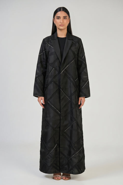 Modern Geometric Panel Abaya with Structured Lapel Design