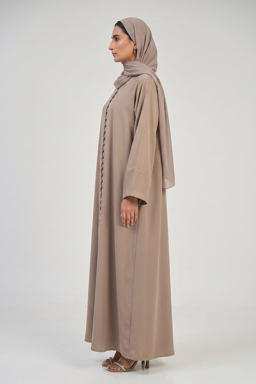 Mocha Matte Abaya with Fabric Button Placket – hover image