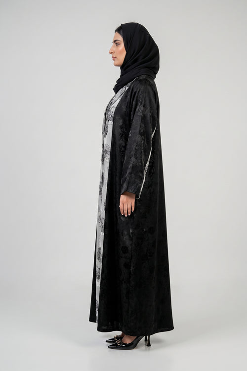 Floral Contrast Panel Abaya with Tailored Lapel Design – hover image