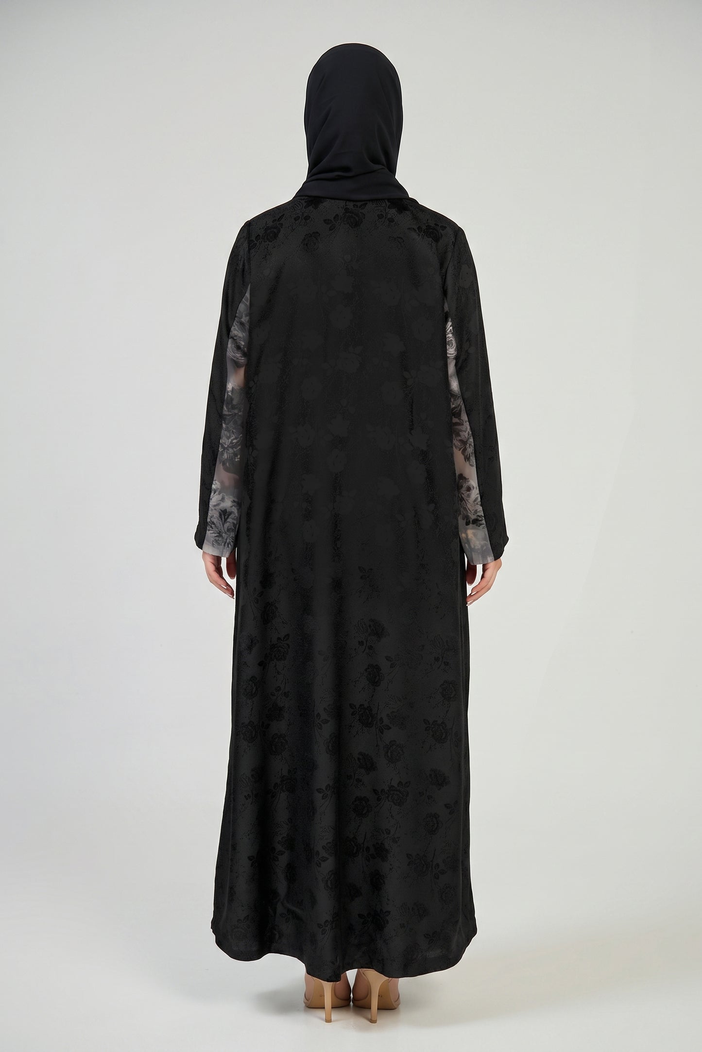 Floral Contrast Panel Abaya with Tailored Lapel Design