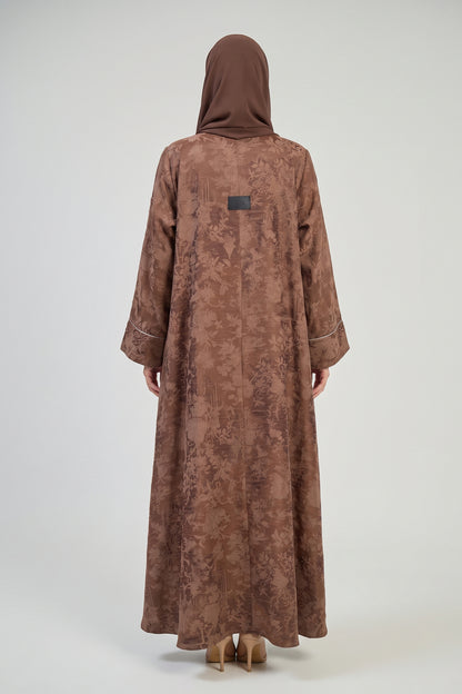 Elegant Floral Jacquard Abaya with Embellished Pocket Detail