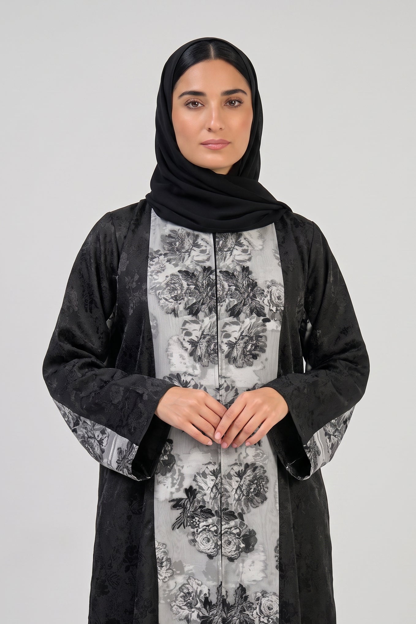Floral Contrast Panel Abaya with Tailored Lapel Design
