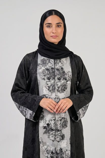 Floral Contrast Panel Abaya with Tailored Lapel Design