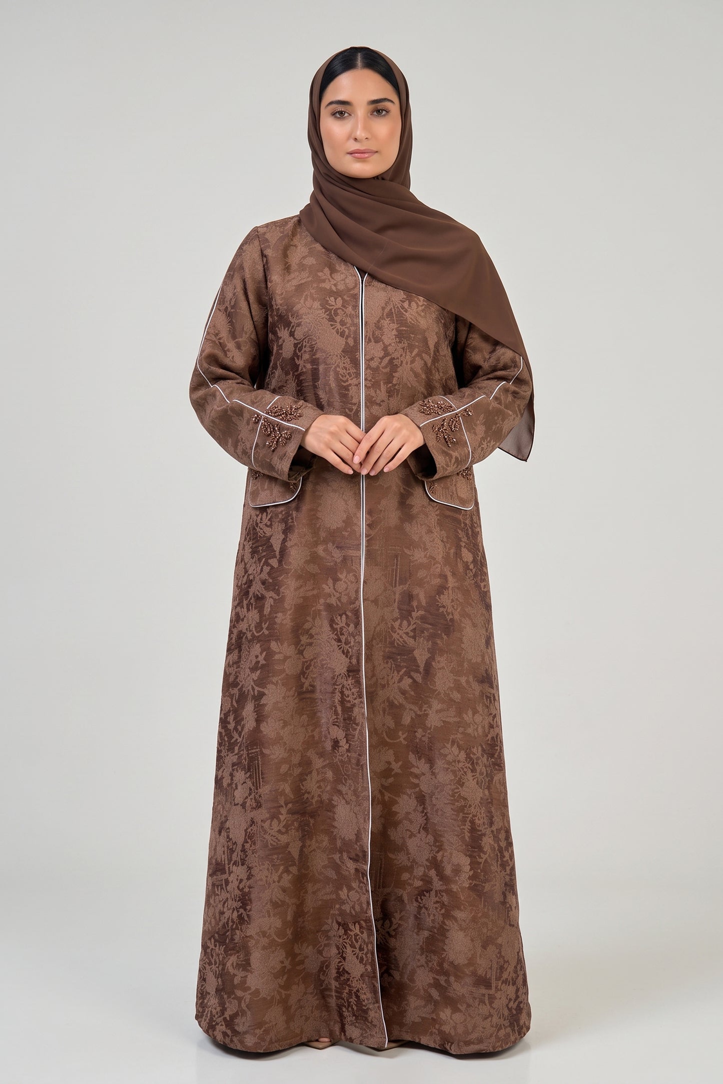 Elegant Floral Jacquard Abaya with Embellished Pocket Detail