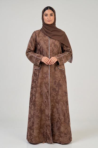 Elegant Floral Jacquard Abaya with Embellished Pocket Detail