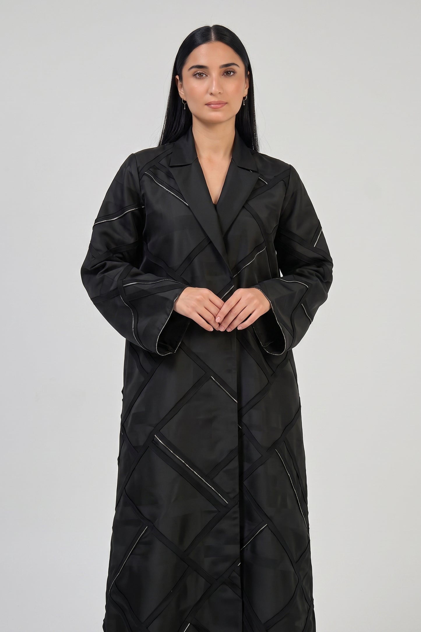 Modern Geometric Panel Abaya with Structured Lapel Design