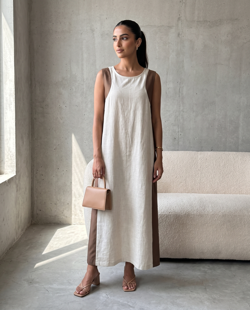Ivory Linen Inner Dress with Mocha Side Panels