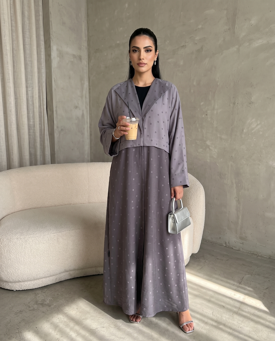 Lavender Polka Dot Abaya with Oversized Collar