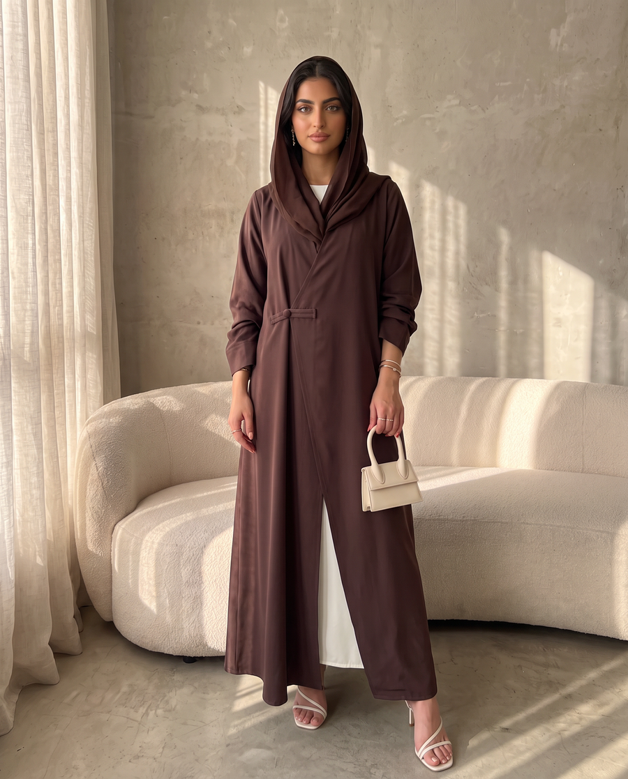 Modern Wrap-Style Brown Abaya with Soft Flow