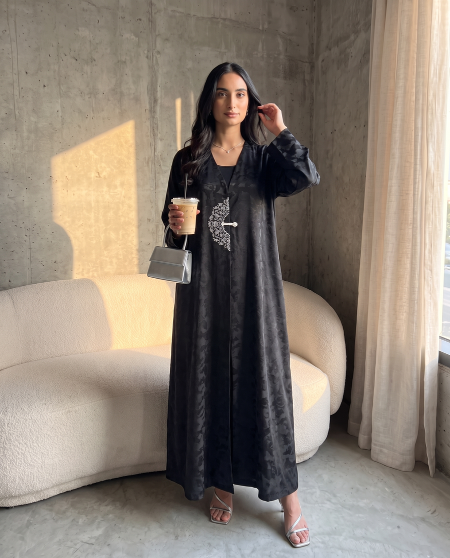 Noir Jacquard Crescent Abaya