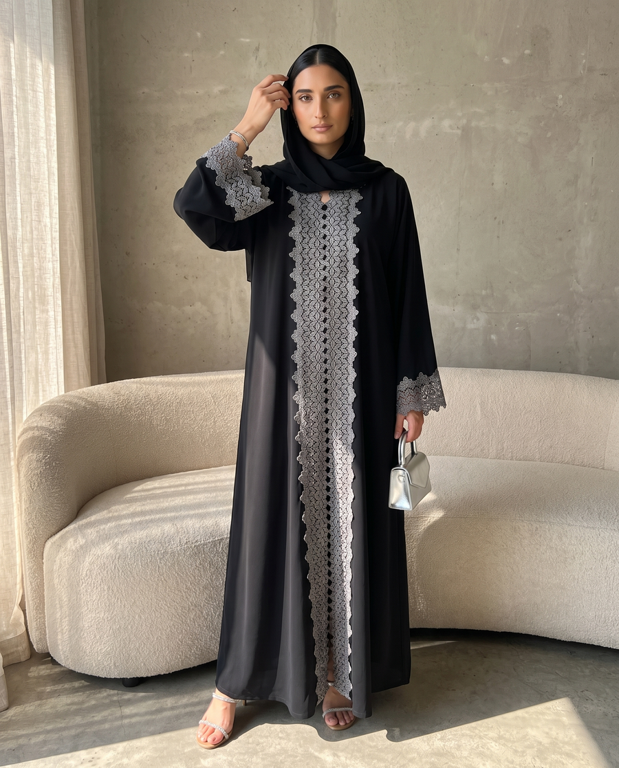 Midnight Silver Lace Abaya