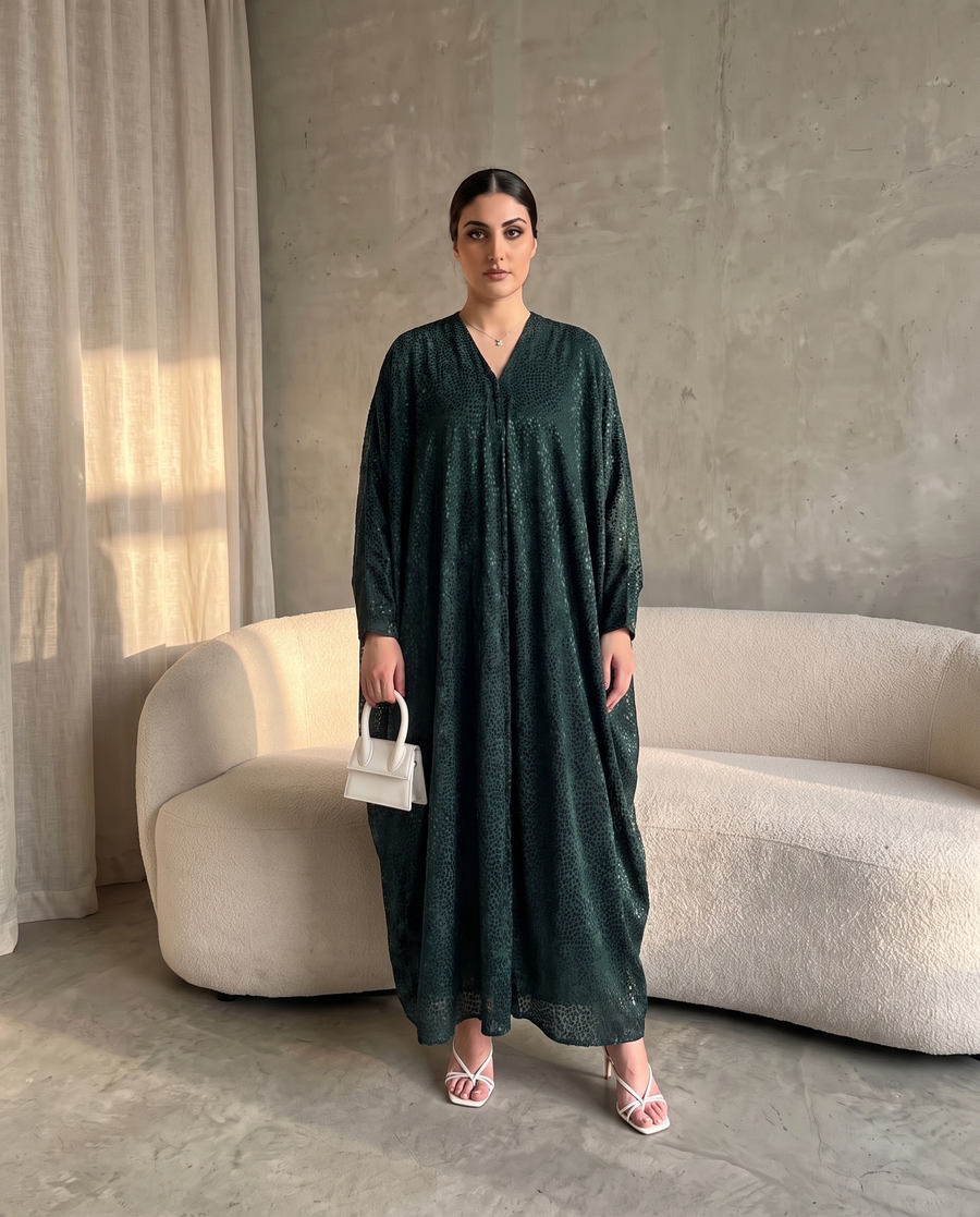 Midnight Mist Printed Flow Dark Green Abaya