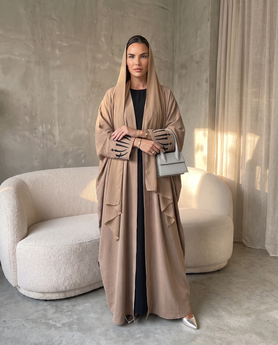 Premium Open Abaya with Metallic Sword Brown Embroidery Design