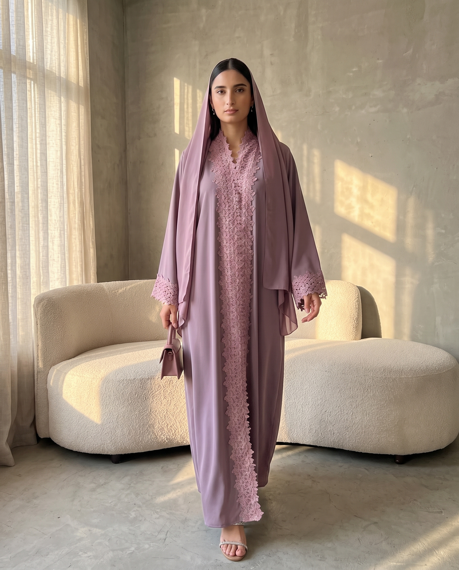 Mauve Blossom Lace Abaya