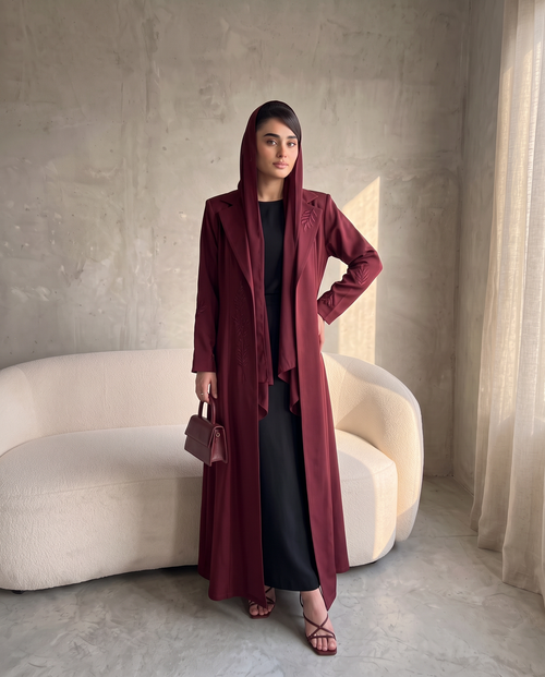 Tailored Open Abaya with Structured Lapel and Minimal Embroidery