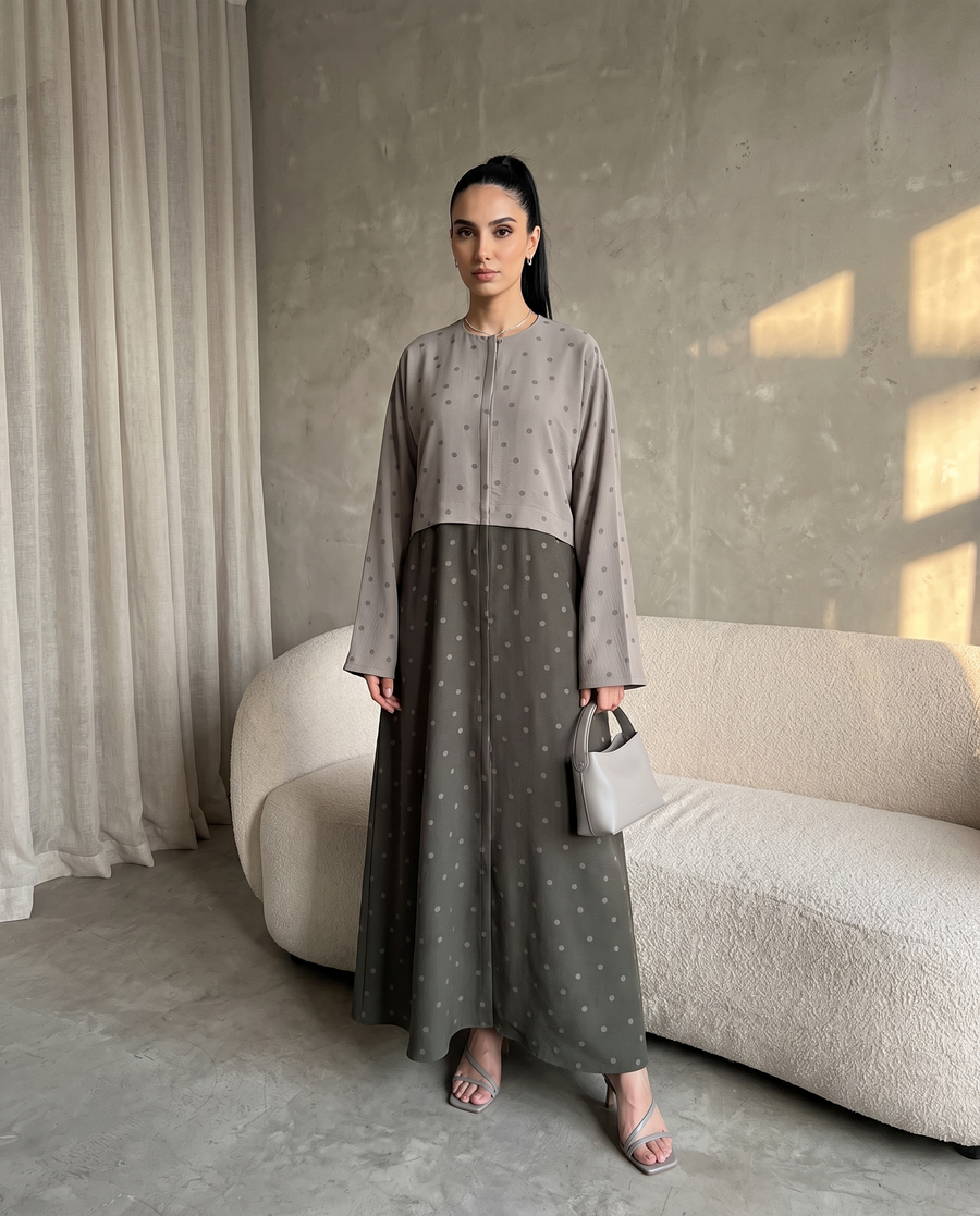 Dove Gray Polka Dot Abaya with Oversized Collar