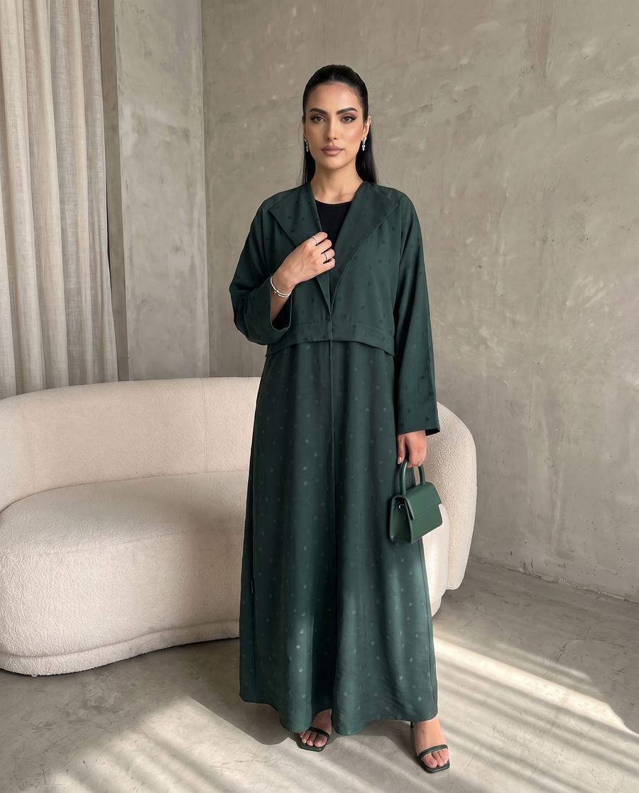 Green Polka Dot Abaya with Oversized Collar